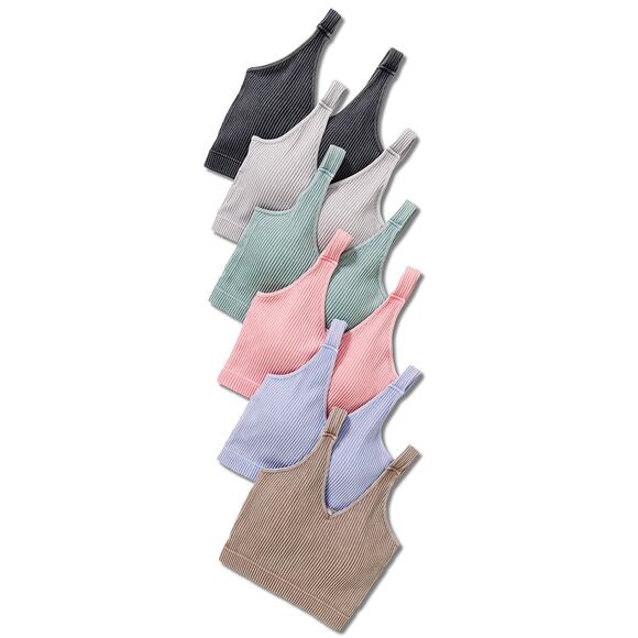 ROSLYN DUSTY PINK WASHED RIBBED CROPPED SEAMLESS BRA PADDED TANK TOP - Picture 2 of 2